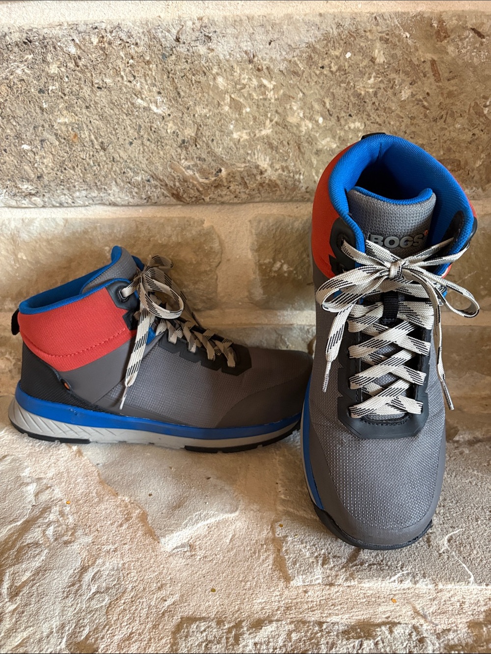 Bogs Mens Hybrid work boots Gray with Blue and Coral Accents.
